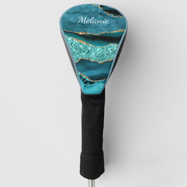 Teal Blue Gold Golf Head Cover Personalized Name (Front)