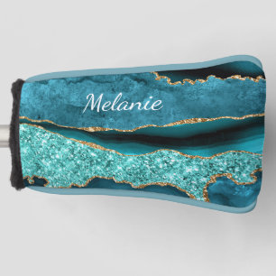 Teal Blue Gold Golf Head Cover with Custom Name