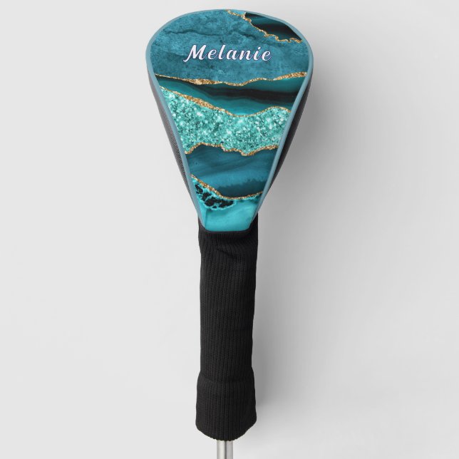 Teal Blue Gold Golf Head Cover with Custom Name (Front)