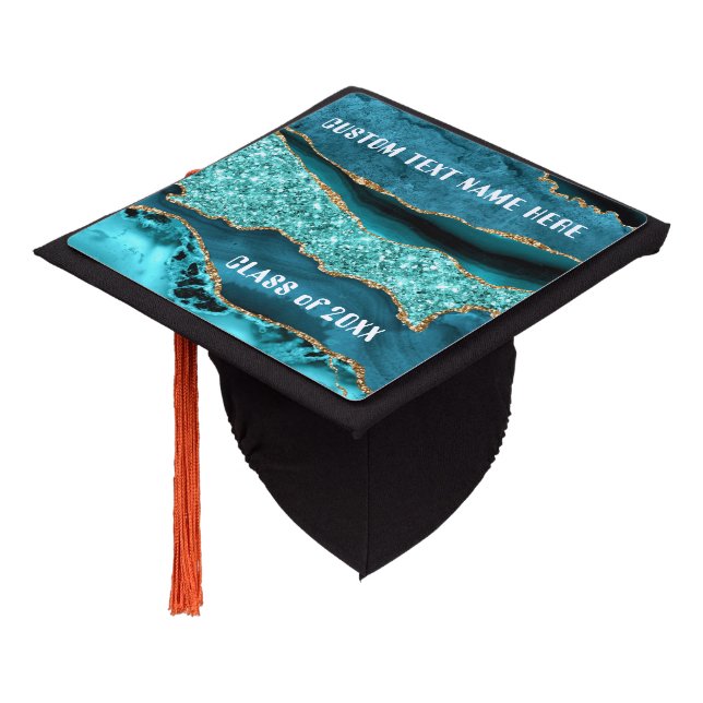 Teal Blue Gold Graduation Cap Topper Personalized (Angled)