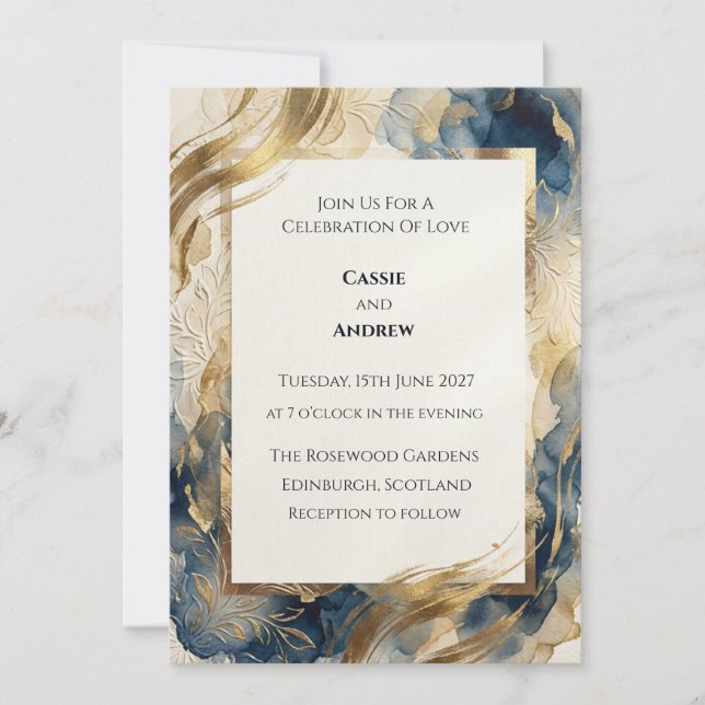 Teal Blue Gold Leaf Botanical Wedding Invitation (Front)