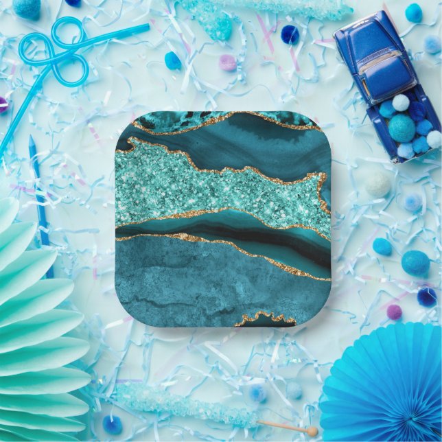 Teal Blue Gold Marble Aqua Turquoise Paper Plates (Party)