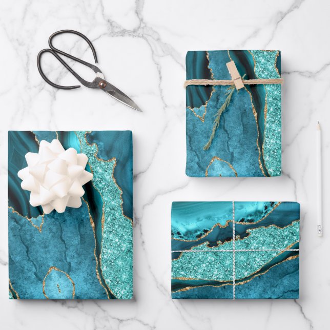Teal Blue Gold Marble Aqua Wrapping Paper Sheets (Front)