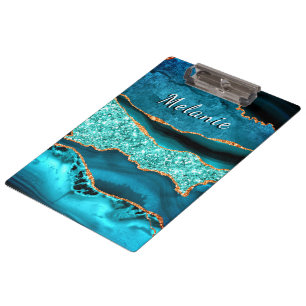 Teal Blue Gold Marble Clipboard with Custom Name