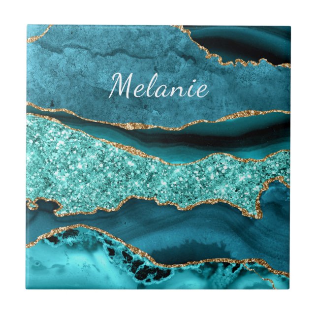 Teal Blue Gold Marble Custom Name Ceramic Tile (Front)
