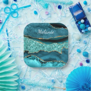 Teal Blue Gold Marble Custom Name Paper Plates