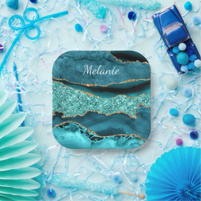 Teal Blue Gold Marble Custom Name Paper Plates (Party)