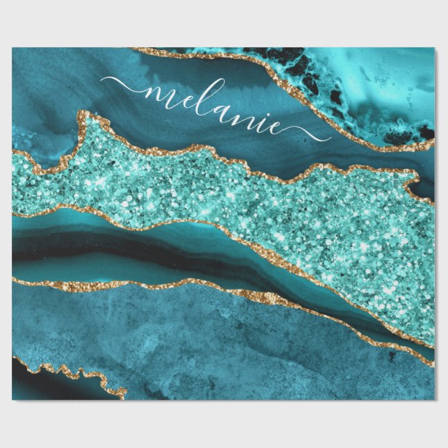 Teal Blue Gold Marble Custom Name Wrapping Paper (Flat)
