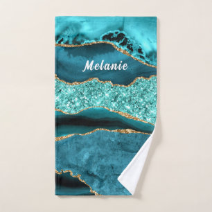 Teal Blue Gold Marble Custom Your Name Bath Towels