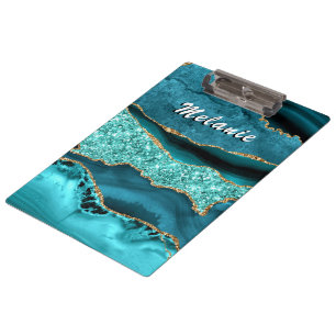 Teal Blue Gold Marble Custom Your Name Clipboard