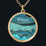 Teal Blue Gold Marble Necklace with Custom Name<br><div class="desc">Personalized Custom Name Text Necklaces with Agate Teal Blue Gold Glitter Marble Aqua Turquoise Geode Customizable Gift - Add Your Name / Text - Make Your Special Necklace Gifts ! Resize and move or remove / add text / elements with Customization tool ! Choose font / size / colour !...</div>