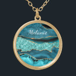 Teal Blue Gold Marble Necklace with Custom Name<br><div class="desc">Necklaces with Agate Teal Blue Gold Glitter Marble Aqua Turquoise Geode Customizable Gift - Add Your Name / Text - Make Your Special Necklace Gift ! Resize and move or remove / add text / elements with Customization tool ! Choose font / size / colour ! Design by MIGNED !...</div>