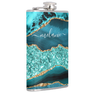 Teal Blue Gold Marble Turquoise Custom Name Flask