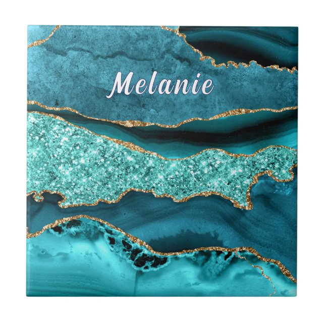 Teal Blue Gold Marble Turquoise Tile Custom Name (Front)