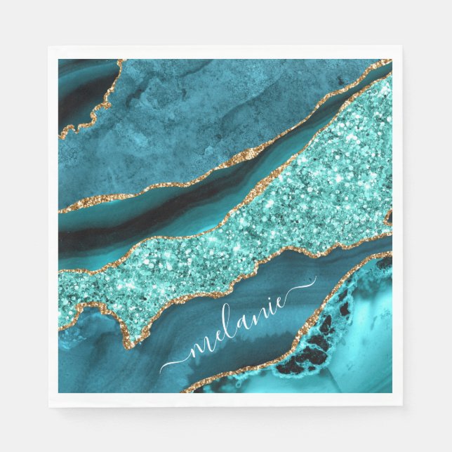 Teal Blue Gold Marble Turquoise Your Name Napkins (Front)