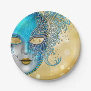 Teal Blue Gold Masquerade Party Paper Plate