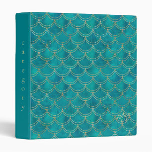 Teal Blue & Gold Monogram Mermaid  Binder