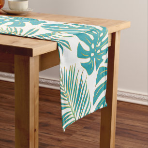 Teal blue, gold palm and monstera tropical leaves short table runner