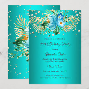 Teal blue gold palms floral Birthday Party Invitation