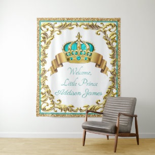 Teal Blue Gold Prince Baby Shower L Backdrop Tapestry