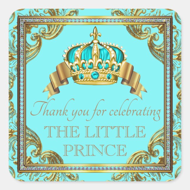 Teal Blue Gold Prince Baby Shower Stickers (Front)