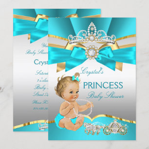 Teal Blue Gold Princess Baby Shower Blonde Invitation