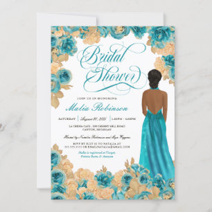 Teal Blue & Gold Roses Elegant Gown Bridal Shower Invitation