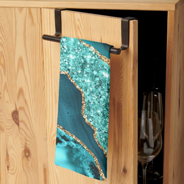 Teal Blue Gold Sparkly Turquoise Kitchen Towel (Thirds Fold)