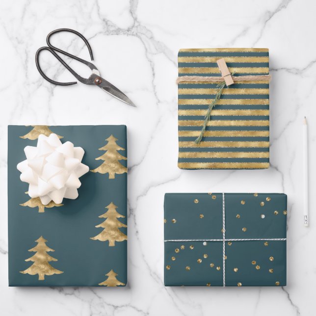 Teal Blue Gold Stripes Christmas Trees Confetti Wrapping Paper Sheet (Front)