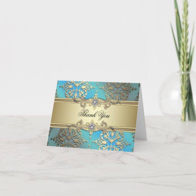 Teal Blue Gold Thank You Cards (Front)