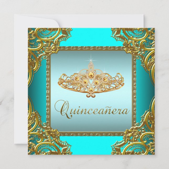 Teal Blue Gold Tiara Quinceanera Invitation (Front)
