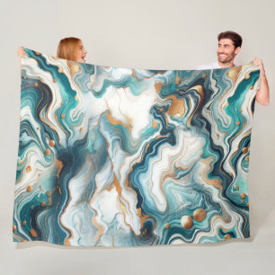 Teal Blue Gold White Modern Marble Agate Fleece Blanket