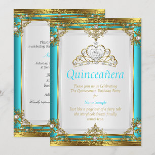 Teal Blue Gold White Pearl Princess Quinceanera Invitation