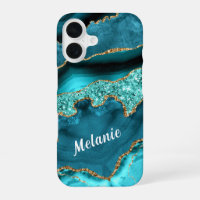 Teal Blue GoldGlitter iPhone Case with Custom Name