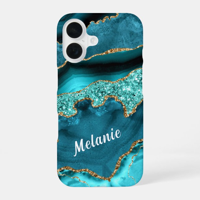 Teal Blue GoldGlitter iPhone Case with Custom Name (Back)