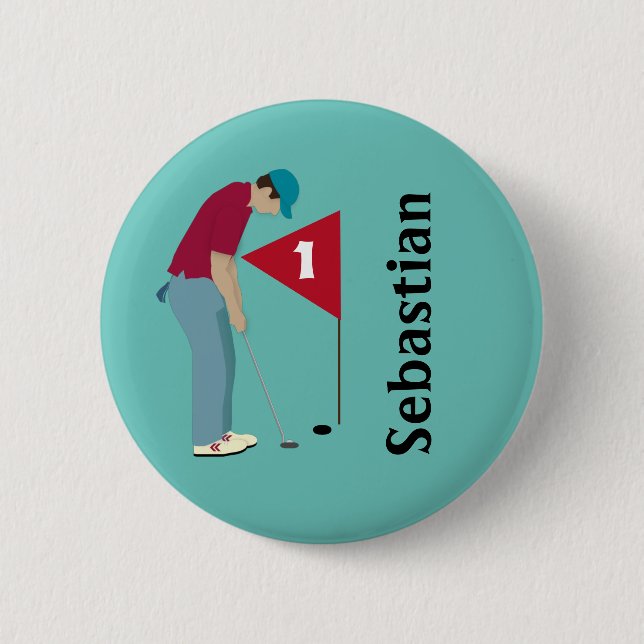 Teal Blue Golfer Putting 2 Inch Round Button (Front)