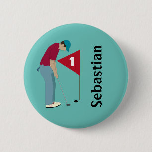 Teal Blue Golfer Putting 2 Inch Round Button