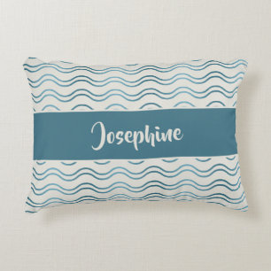Teal Blue Gradient Waves Custom Name Coastal Decor Accent Pillow