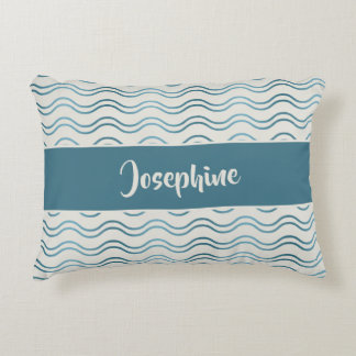 Teal Blue Gradient Waves Custom Name Coastal Decor Accent Pillow