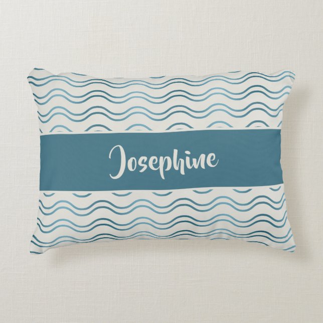 Teal Blue Gradient Waves Custom Name Coastal Decor Accent Pillow (Front)