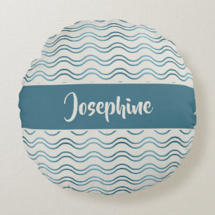 Teal Blue Gradient Waves Custom Name Coastal Decor Round Pillow