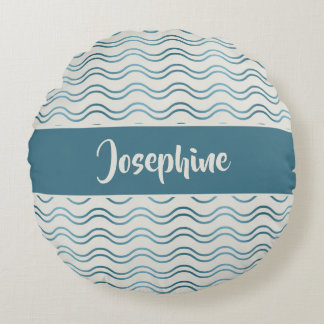 Teal Blue Gradient Waves Custom Name Coastal Decor Round Pillow