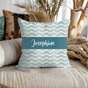Teal Blue Gradient Waves Custom Name Coastal Decor Throw Pillow