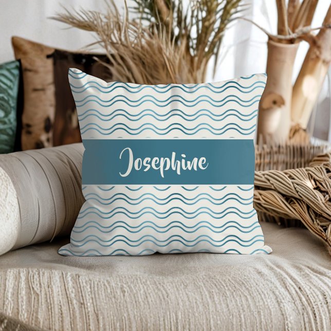 Teal Blue Gradient Waves Custom Name Coastal Decor Throw Pillow (Nautical Waves Teal and White Throw Pillow for Coastal Beach Hopuse Homes)