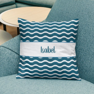 Teal Blue Gradient Waves Personalized Coastal Throw Pillow