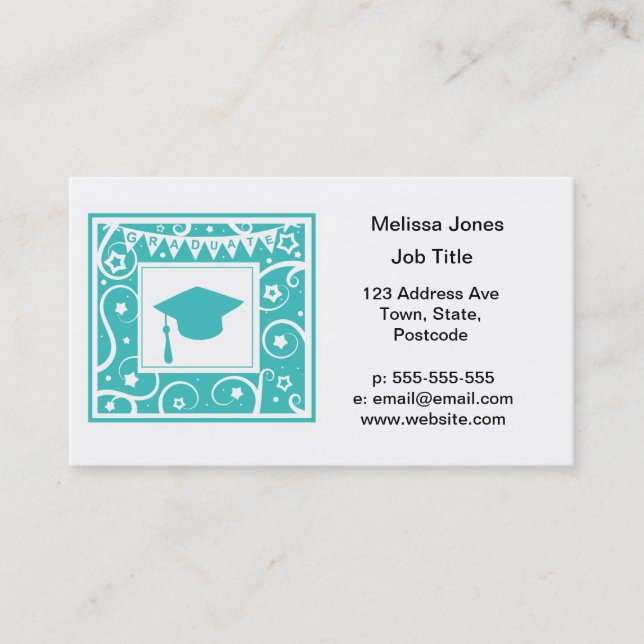Teal blue graduate mortar board hat calling card (Front)