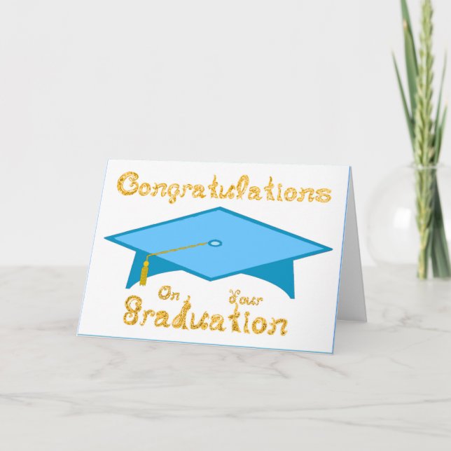 Teal Blue Graduation Cap Gold Glitter Party Hat  Card (Front)
