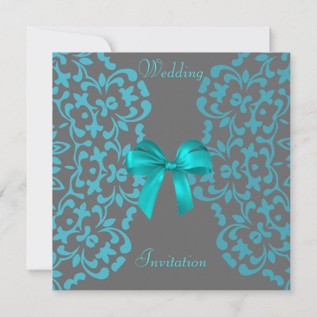 Teal Blue Gray Pretty Lace Wedding Invitations (Front)