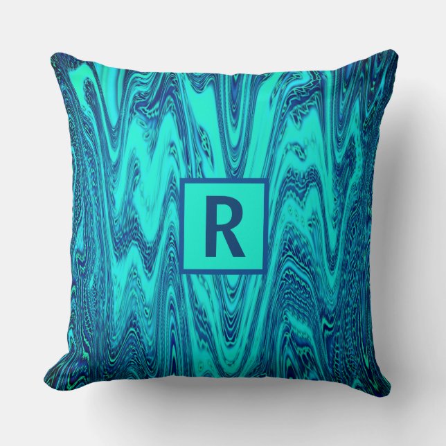 Teal Blue Green Abstract Monogram Initial Cotton Throw Pillow (Front)