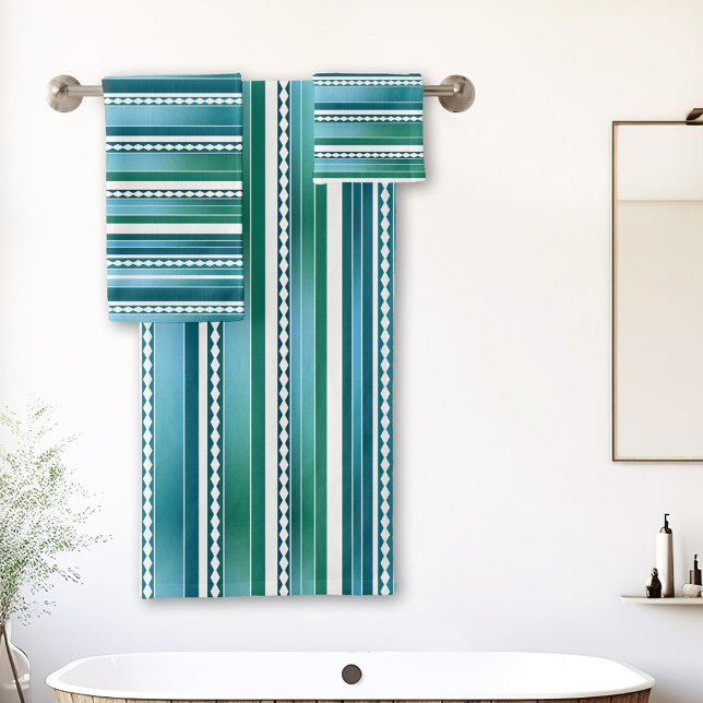 Teal Blue Green Abstract Striped Pattern Bath Towel Set (Bathroom towel set with an abstract artistic stripe pattern in teal blue and green with white.)